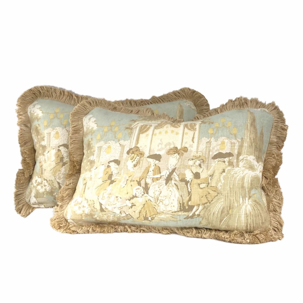 Versailles Cream Spa Blue Toile Pillow Cover with Brush Fringe Trim - Aloriam