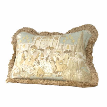 Versailles Cream Spa Blue Toile Pillow Cover with Brush Fringe Trim - Aloriam