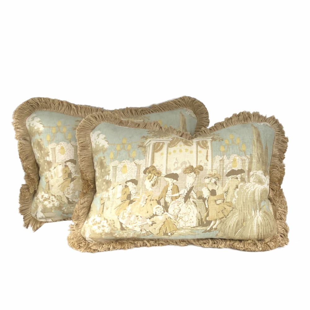 Versailles Cream Spa Blue Toile Pillow Cover with Brush Fringe Trim - Aloriam