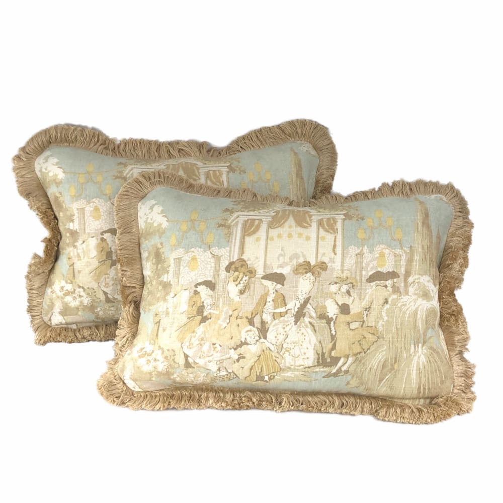 Versailles Cream Spa Blue Toile Pillow Cover with Brush Fringe Trim - Aloriam