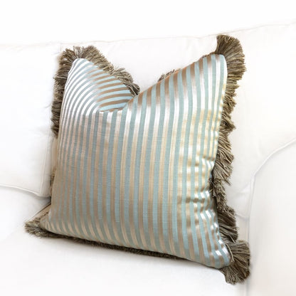 Whitfield Sage Green & Bronze Stripe Pillow Cover with Brush Fringe Trim - Aloriam