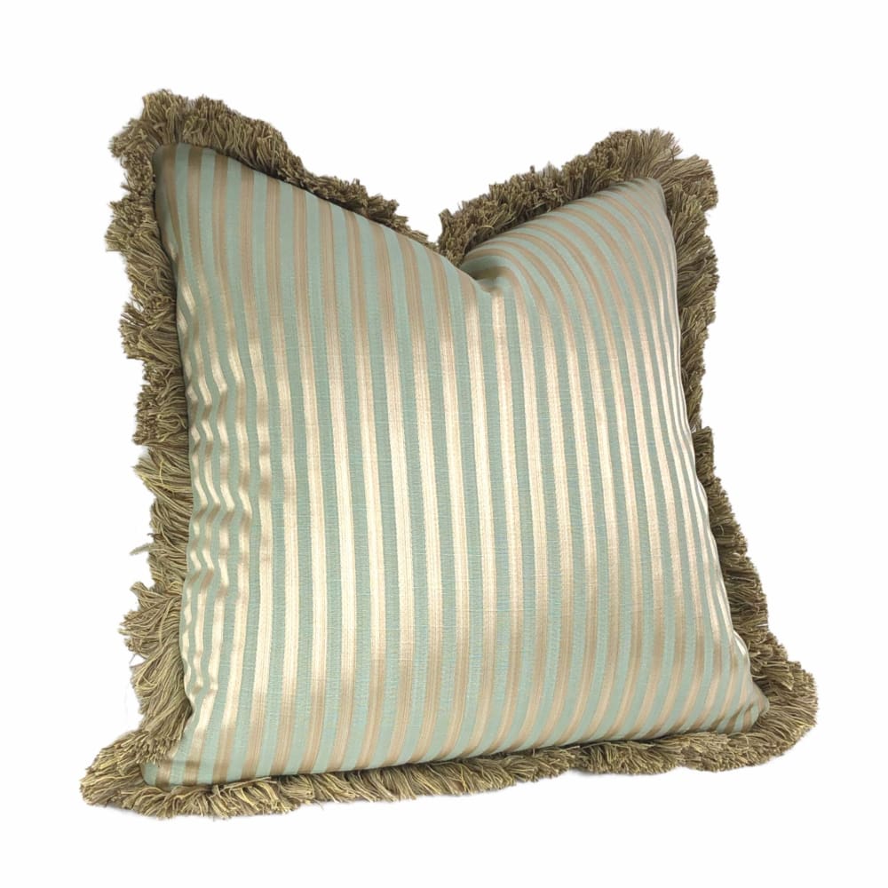 Whitfield Sage Green & Bronze Stripe Pillow Cover with Brush Fringe Trim - Aloriam