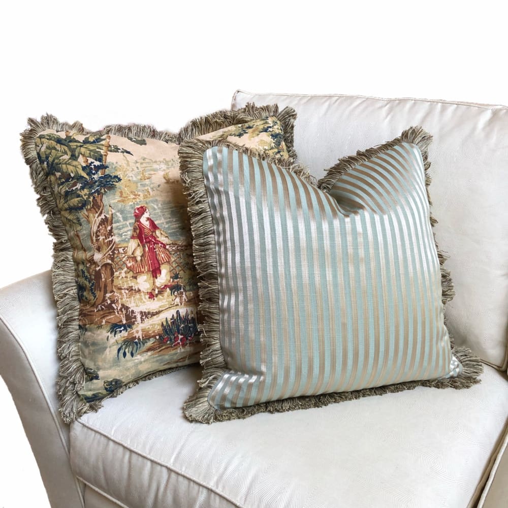 Whitfield Sage Green & Bronze Stripe Pillow Cover with Brush Fringe Trim - Aloriam