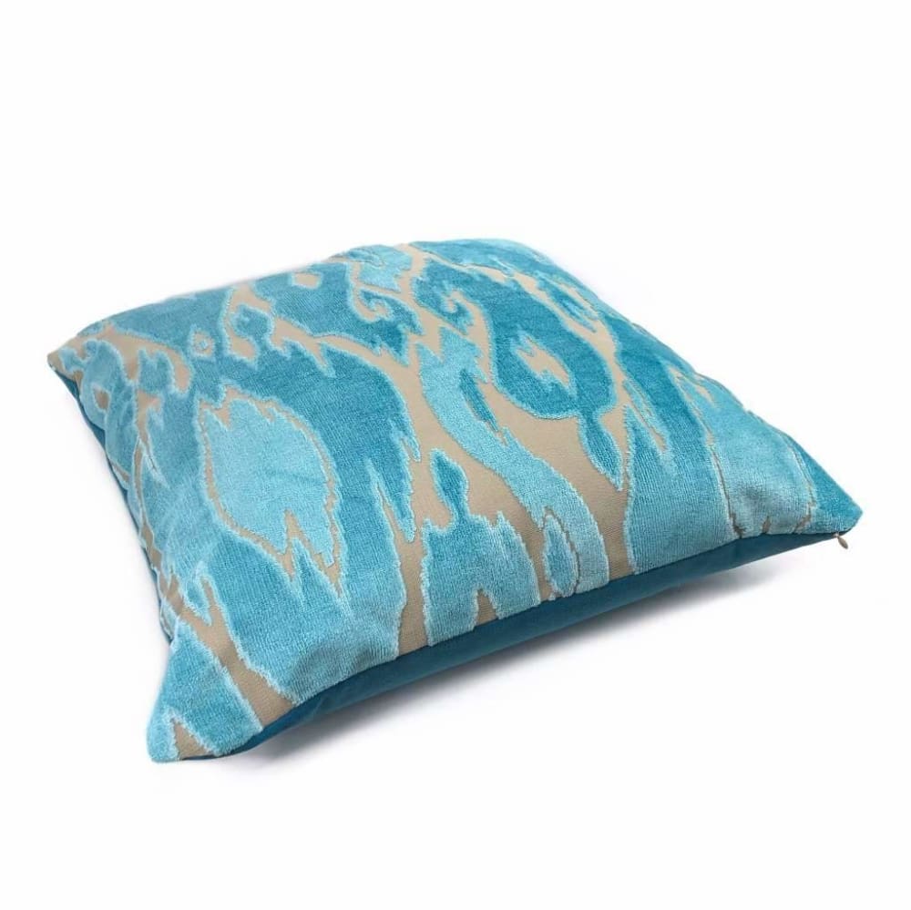 Designer Turquoise Blue Abstract Ikat Cut Velvet Pillow Cover Cushion Pillow Case Euro Sham 16x16 18x18 20x20 22x22 24x24 26x26 28x28 Lumbar Pillow 12x18 12x20 12x24 14x20 16x26 by Aloriam