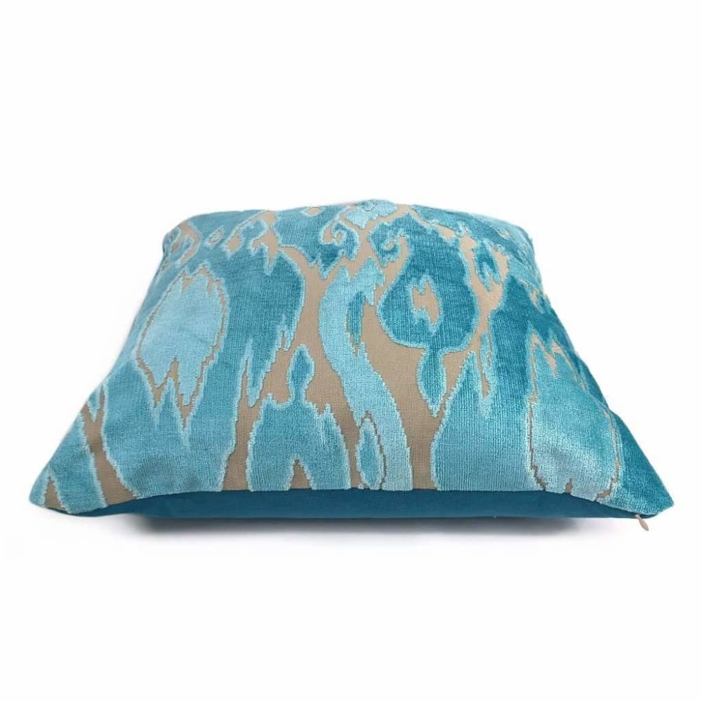 Turquoise Blue Silk Velvet Decorative Cushion Cover with Traditional Pattern | Front side is 100% Silk Velvet, orders Back side is Soft Blue Fabric