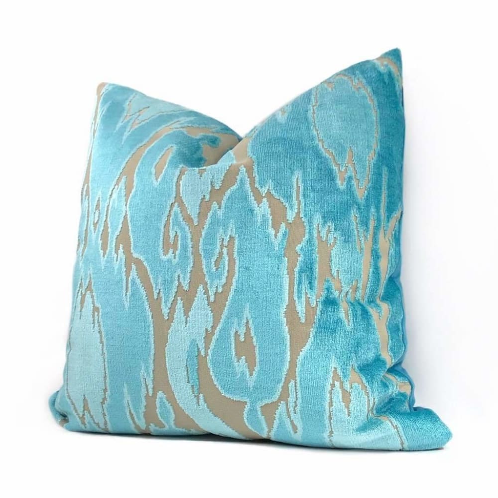 Aloriam Xanadu Turquoise Blue Abstract Ikat Cut Velvet Pillow Cover Fits 12x20 Insert 11x19 Cover Last One Pattern Front Solid Back