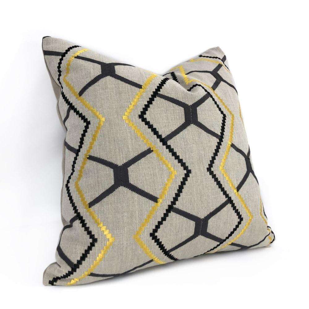 Yellow Gray Black Beige Embroidered Geometric Pillow Cover