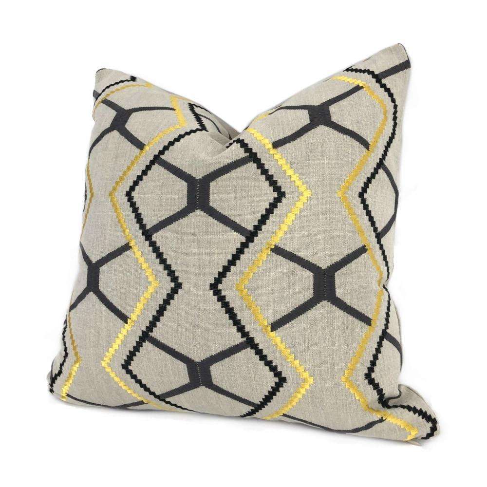 Yellow Gray Black Beige Embroidered Geometric Pillow Cover