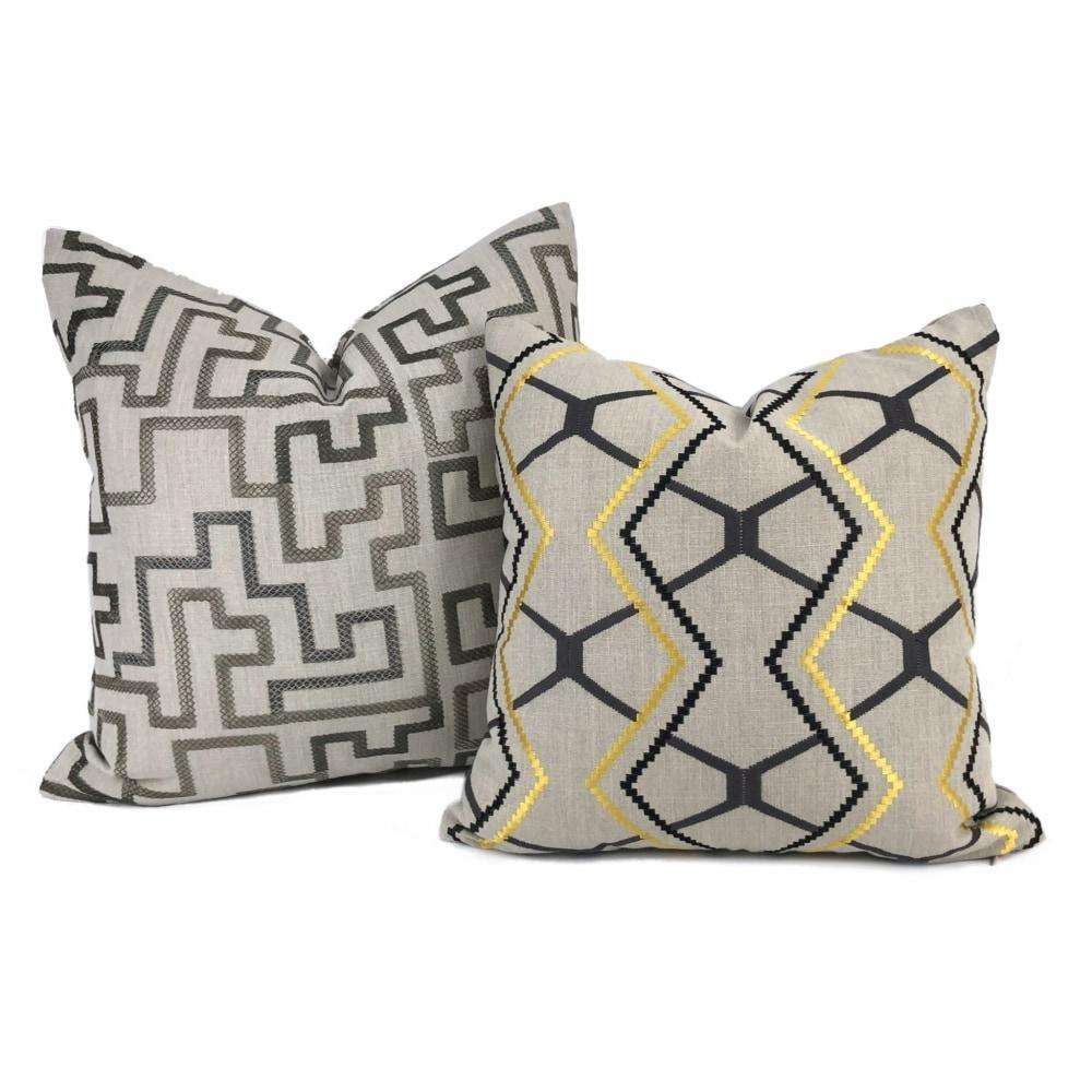 Yellow Gray Black Beige Embroidered Geometric Pillow Cover