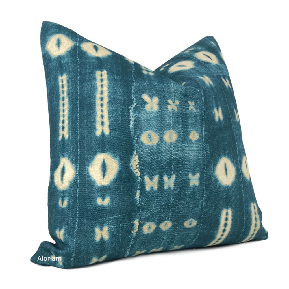 Zaza Batik Blue Teal African Mudcloth Print Pillow Cover - Aloriam